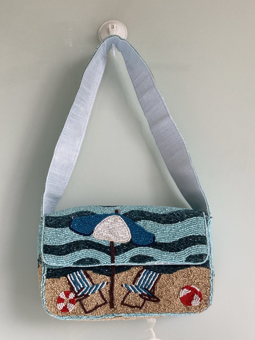 Beaded Beach Scene Shoulder Bag in Light Blue - NWOT